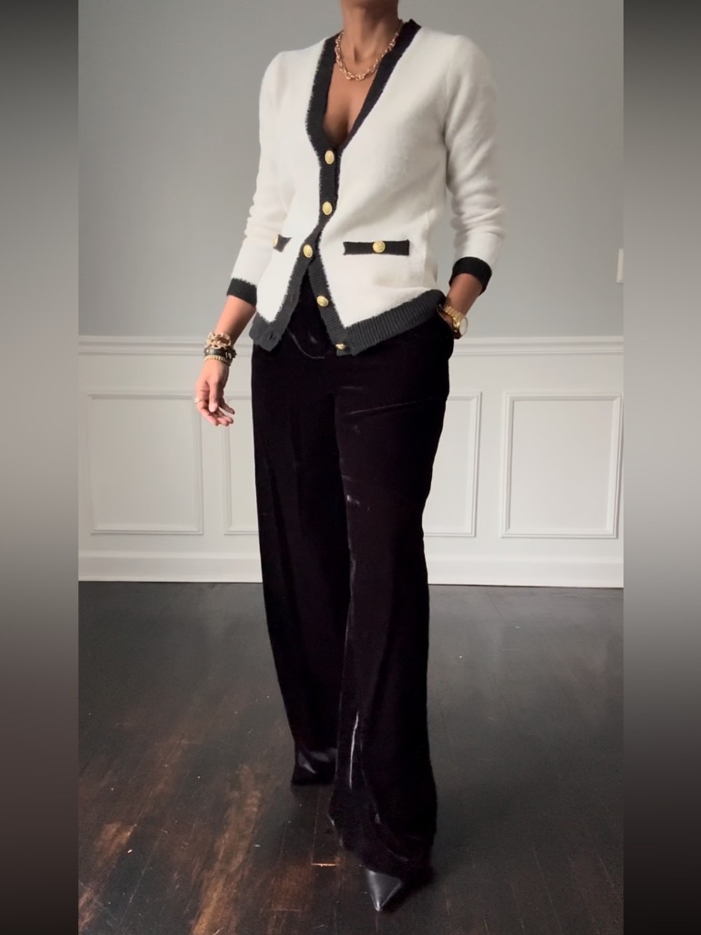 Tahari Contrast Trim Fuzzy Eyelash Cardigan with Gold Buttons